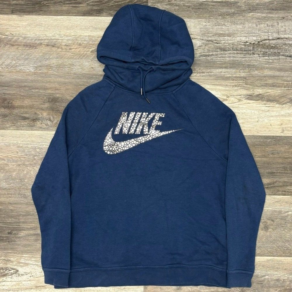 Nike Sportswear Hoodie Rally‎ Funnel Neck Blue Silver Womens M Swoosh Pullover - Picture 2 of 9